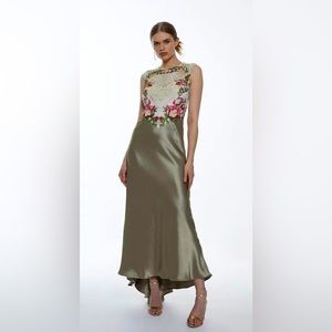 Karen Millen petite guipure lace satin woven maxi dress in sage original 514$